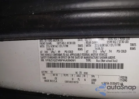 2015 Ford Transit T-350 z USA, uszkodzony, nr VIN 1FBZX2ZM6FKA59091